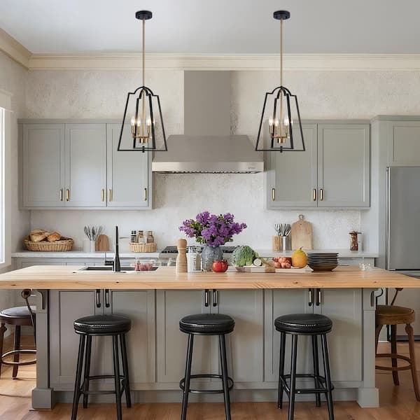 Industrial 4-Light Black Pendant Light Fixtures, Brass Pendant Hanging Light, Farmhouse Chandelier for Kitchen Island