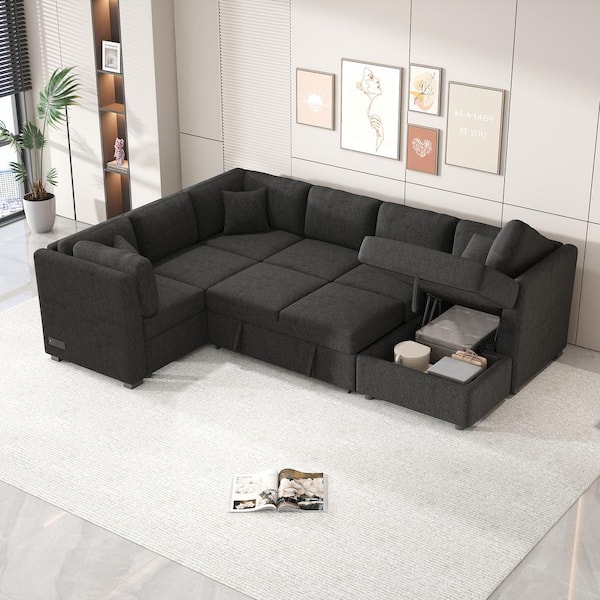 Harper & Bright Designs 108.6 in. Chenille U-shaped Sectional Sofa in Black with 2-USB Ports, 2-Power Sockets, 3-Back Pillows, Storage Chaise