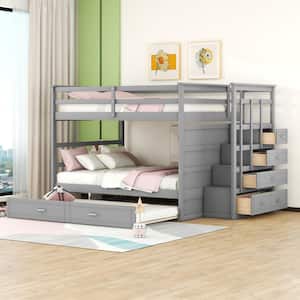Gray Full over Full Wood Bunk Bed with Twin Size Trundle, 4 Drawers and Staircase