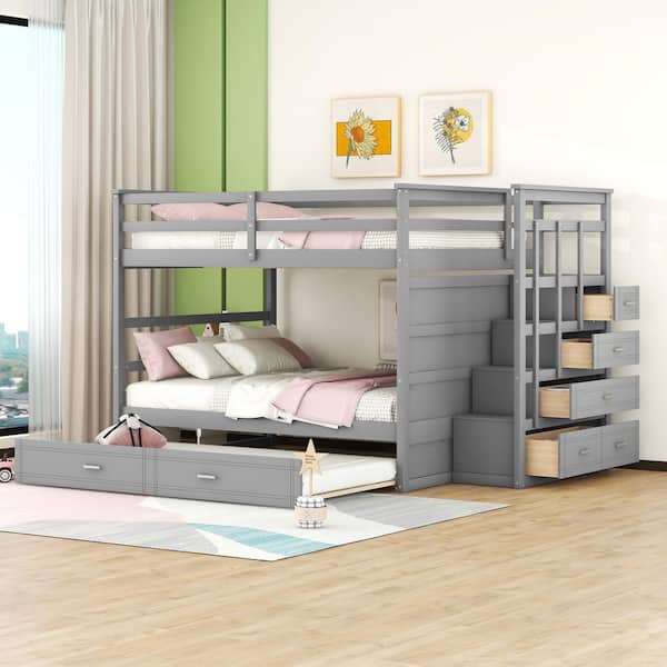 Harper & Bright Designs Gray Full over Full Wood Bunk Bed with Twin Size Trundle, 4 Drawers and Staircase