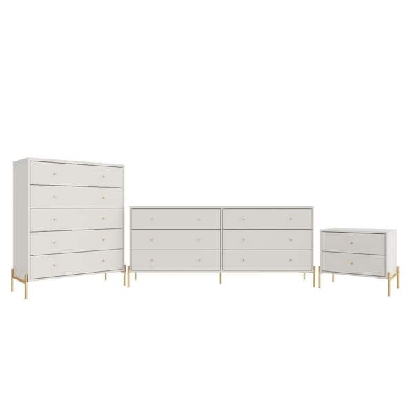 Manhattan Comfort Jasper Off-White 5-Drawer Tall Dresser, 6-Drawer Double Wide Dresser and 2-Drawer Nightstand (Set of 3)