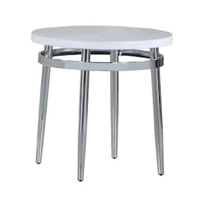 24 in White and Chrome Round Faux Carrara Faux Marble End Table
