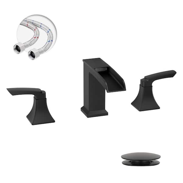 Waterfall 8 in. Widespread Double-Handle Black Bathroom Faucet Set 3-Holes Vanity Sink with Metal Drain in Matte Black