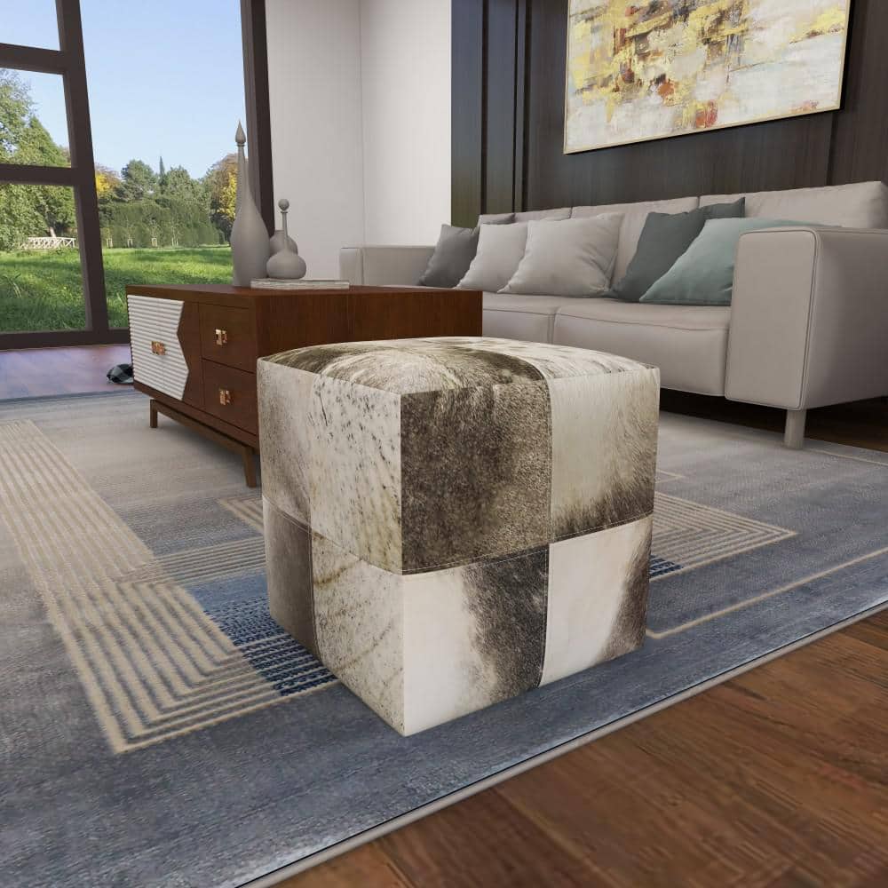 Contemporary Gray Cowhide Patchwork Pouf Ottoman, 16" Cube
