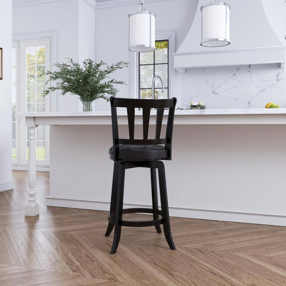 Black Wood and Faux Leather Swivel Counter Stool