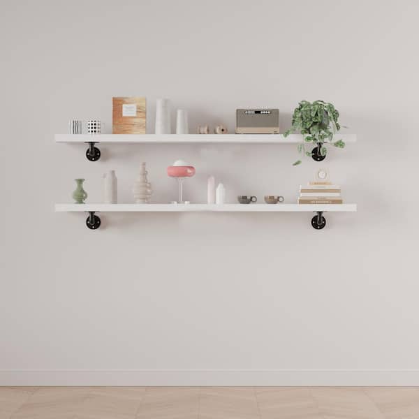 Industrial Series 48in W x 8in D Black Wood 2-Tier Decorative Wall Shelf
