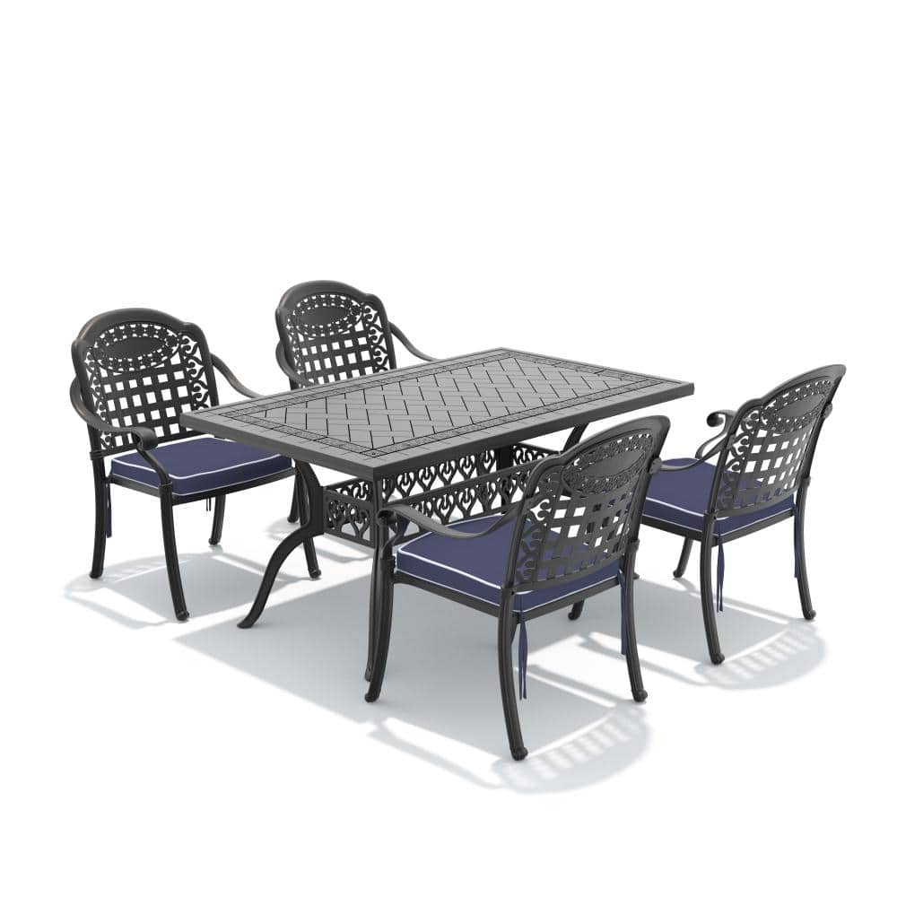 Black 5-Piece Cast aluminum Patio Outdoor Dining Set with Rectangle Table and Cast aluminum Chairs with Blue Cushions price history on PriceWatchPro
