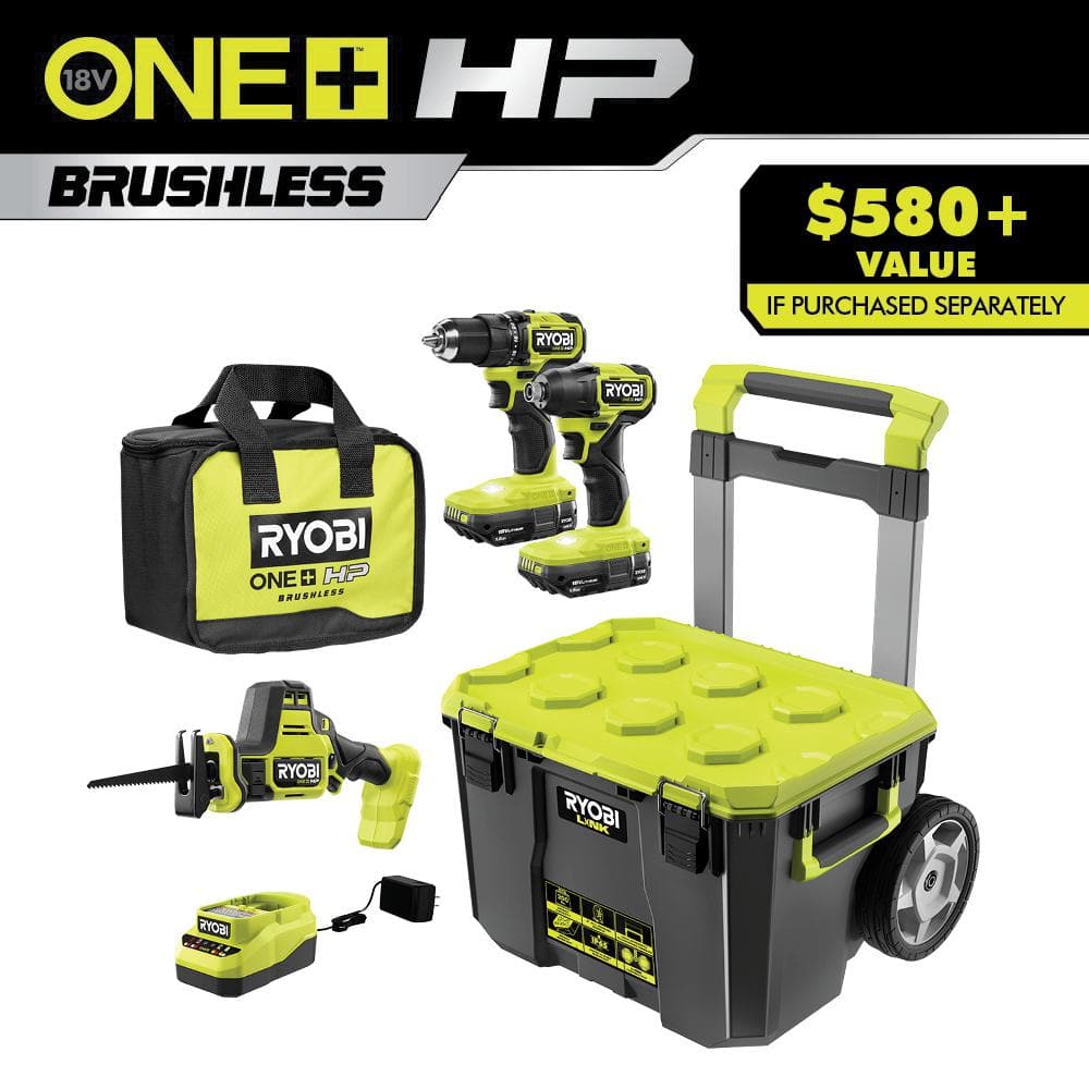 dragt At lyve Nautisk RYOBI ONE+ HP 18V Compact Brushless 3-Tool Combo Kit with LINK Rolling Tool  Box, (2) 1.5 Ah Batteries and Charger PSBCK103K2 - The Home Depot