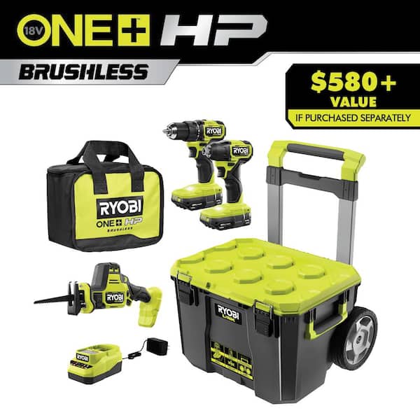RYOBI PSBCK103K2 ONE+ HP 18V Compact Brushless 3-Tool Combo Kit with LINK Rolling Tool Box, (2) 1.5 Ah Batteries and Charger - 1