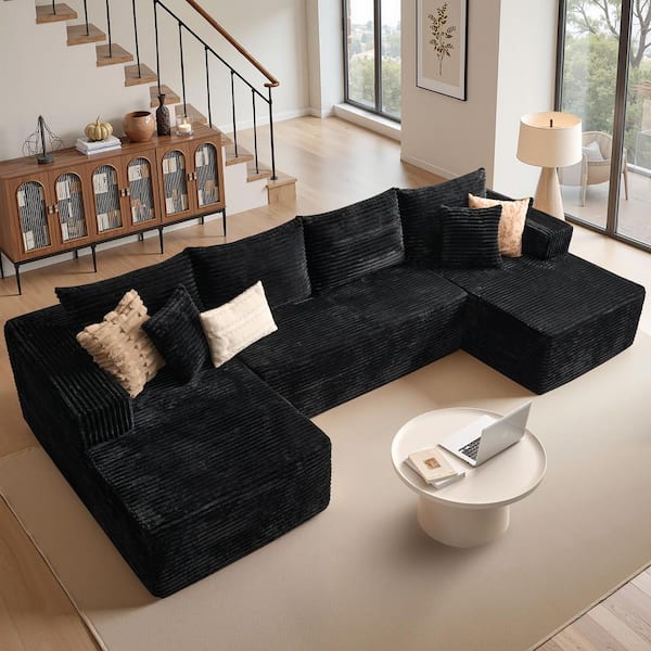 Varo 134 in. Wide Arm 3-Piece Modern Plush Corduroy U-Shape Modular Sectional Sofa in Black with Chaise