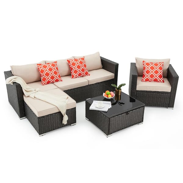 Unbranded 4-Piece Conversation Set with Coffee Table, Wicker Rattan Outdoor Modular Sofa with Khaki Cushions and Pillows