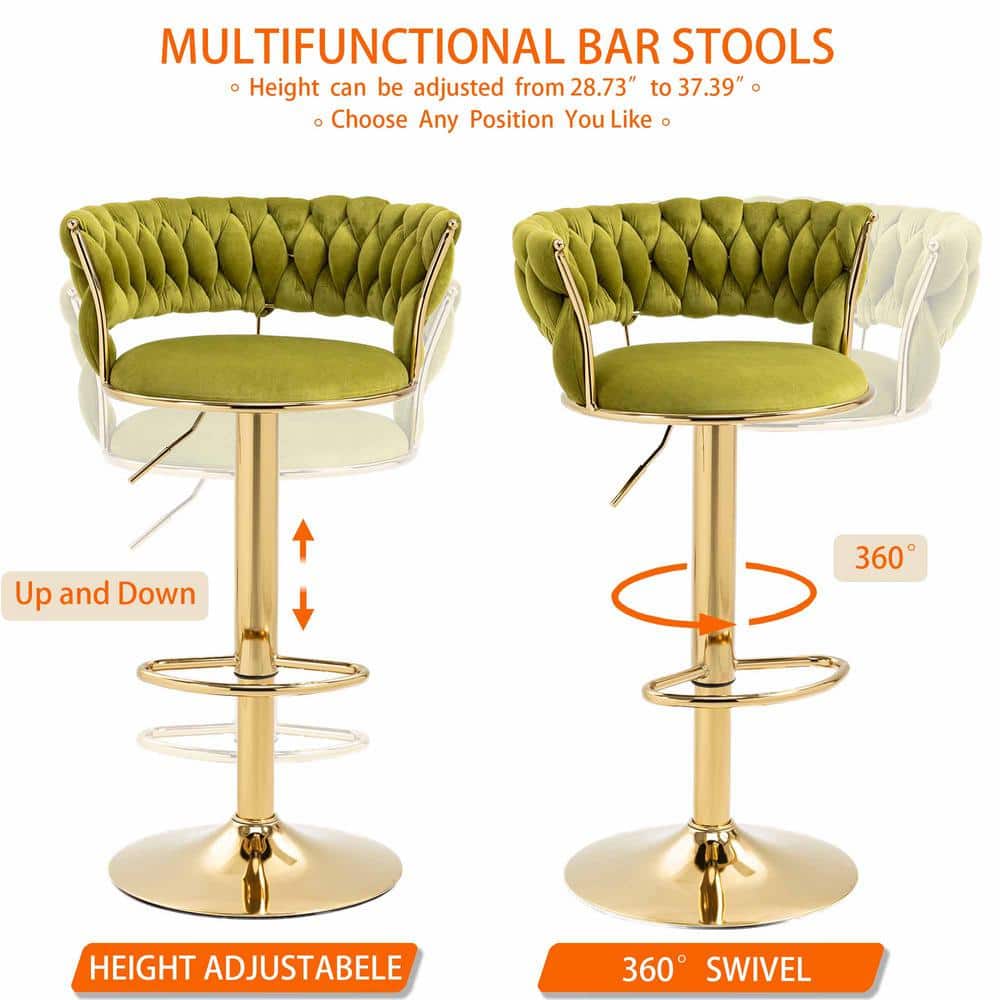 Emerald Green Velvet Adjustable Swivel Bar Stools with Gold Base, Set of 2