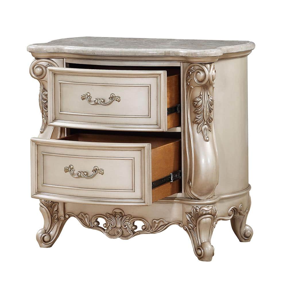 Gorsedd Antique Champagne 2-Drawer Nightstand with Marble Top