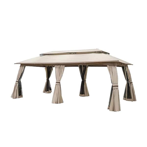 Zeus & Ruta 20 ft. x 10 ft. Beige Canopy Gazebo with Double-Tier Roof, Curtains and Nettings for Lawn, Backyard, Patio