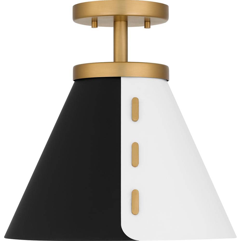 12" Black and White Glass Semi-Flush Mount with Brass Accents