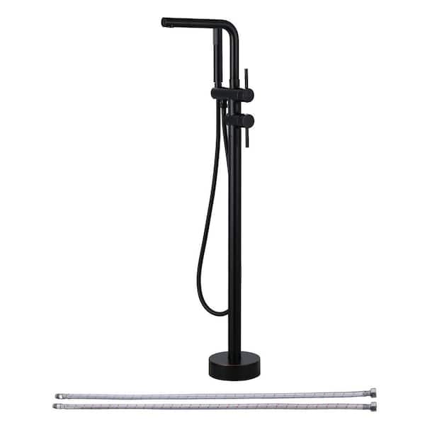 Modern Single Handle Freestanding Tub Faucet, Floor Mount Tub Filler with Hand Shower in Oil Rubbed Bronze