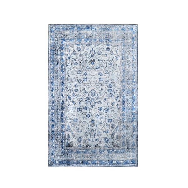 SUPERIOR Anwen French Blue 3 ft. 6 in. x 5 ft. 6 in. Distressed Floral Medallion Indoor Polyester Area Rug