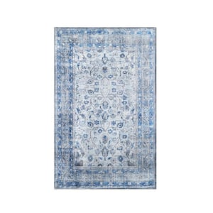 Anwen French Blue 5 ft. 7 in. x 8 ft. 9 in. Distressed Floral Medallion Indoor Polyester Area Rug