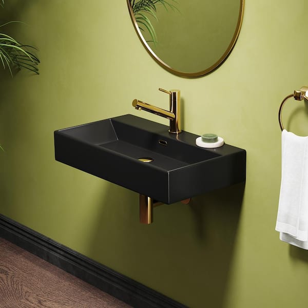 Turner Vitreous China 30 in. W x 16 in. D x 5 in. H WalL Mount Bathroom Sink with Faucet Hole and Overflow, Matte Black