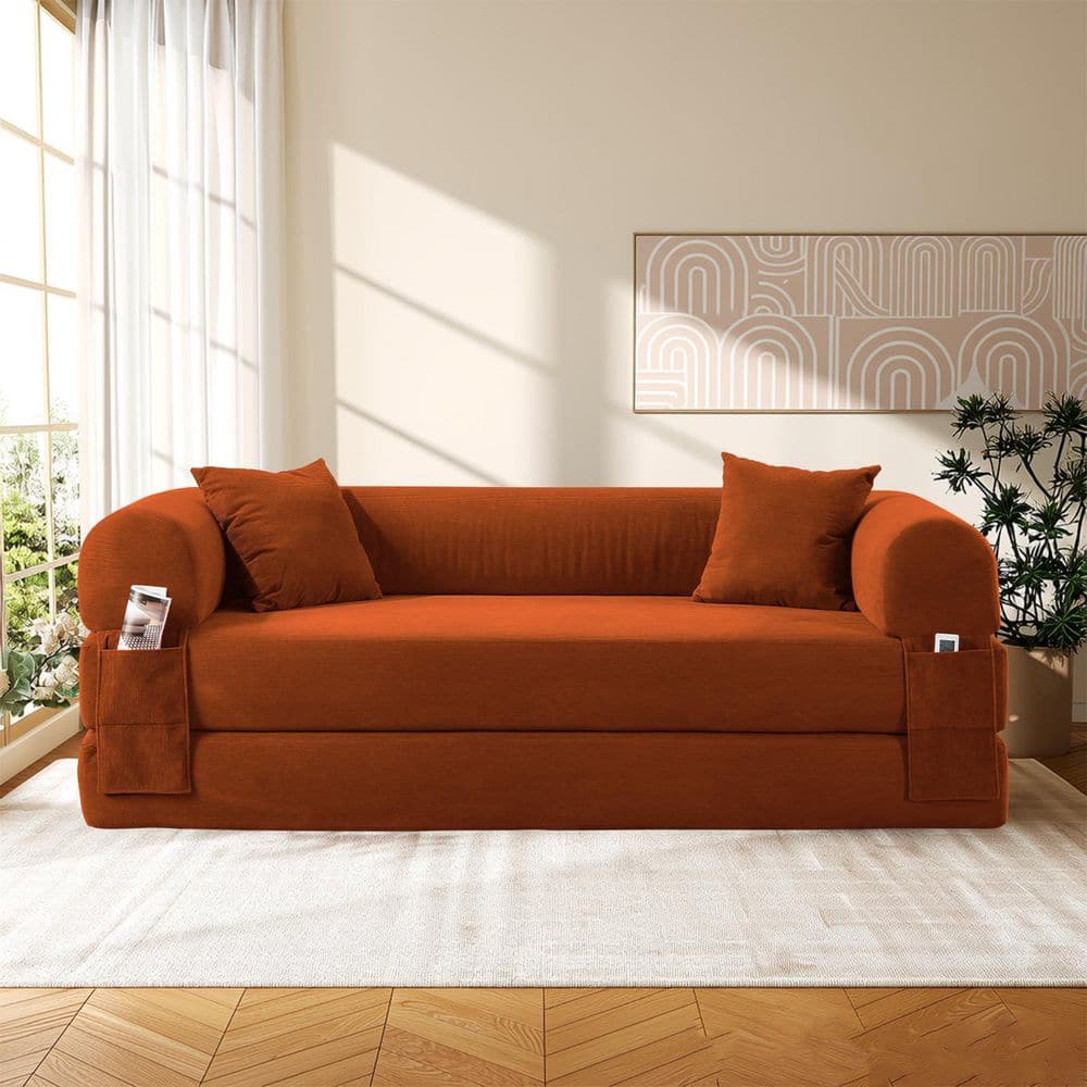 Seafuloy 80 in. Orange 3-in-1 Convertible Queen Size Sofa Bed