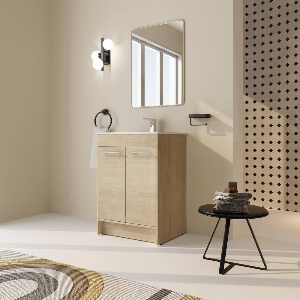 FAMYYT 24 in. W x 18.3 in. D x 33.8 in. H Freestanding Bath Vanity in Plain Light Oak with White Ceramic Top and Basin -  XJ-VT24-L