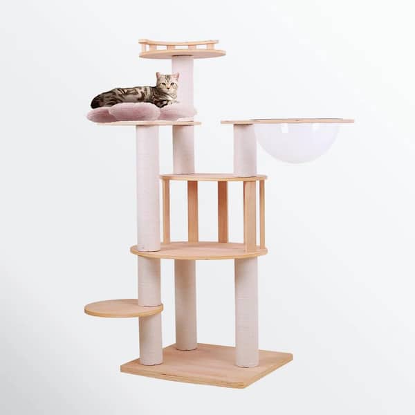 Miscool Anky 46 in. H Wood Cat Tree, Premium Wooden Multi-Level Cat Climber with Space Capsule Cat Tower