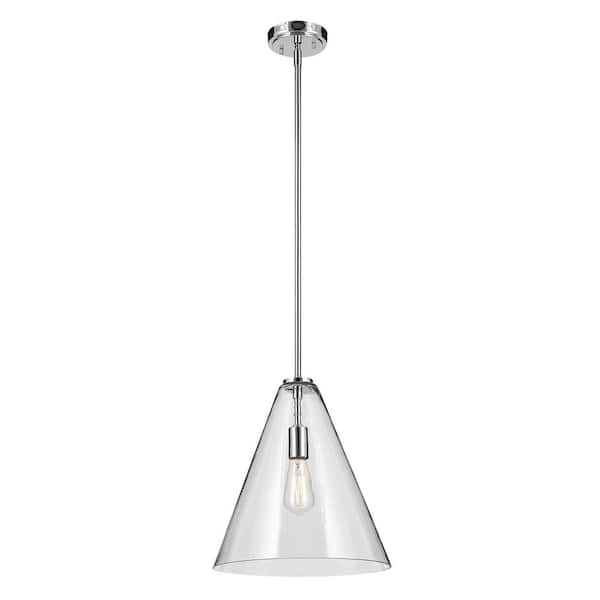 KICHLER Everly 14.25 in. 1-Light Chrome Modern Shaded Cone Kitchen Hanging Pendant Light with Clear Glass