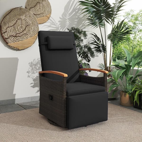 Wicker Outdoor 360° Swivel Recliner Chair Patio Chaise Lounge Chair with Black Cushions