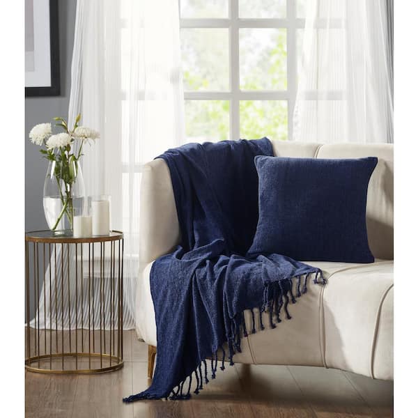 Better Trends Enrich Collection Navy 100% Polyester 50 in. x 60 in. Throw and 18 in. x 18 in. Square Decorative Pillow