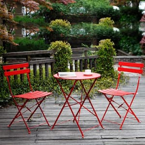 3-Piece Steel Frame Round Table Patio Outdoor Bistro Dining Set, Foldable Patio Table and Chairs Furniture, Red