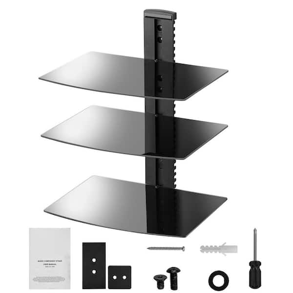 Glass Floating Shelves 3 Tiers, fit 12-15 in. TV Wall Mount with Shelf, Holds Up to 18 lbs. Height Adjustable
