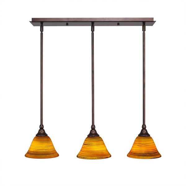 Unbranded Livingston 100-Watt 3 Light Bronze, Linear Pendant Light with 7 in. Firre Saturn Glass Shades No Bulbs Included