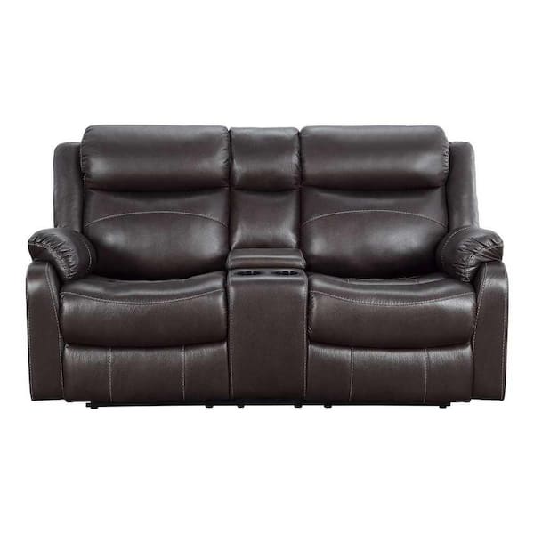 EVERGLADE HOME Goby 71 in. W Flared Arm Microfiber Straight Double Reclining Loveseat with Console in Dark Brown