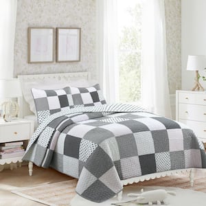 Halftone Black White Subtle Pink Polka Dot Patchwork Queen Cotton Quilt Bedding Set