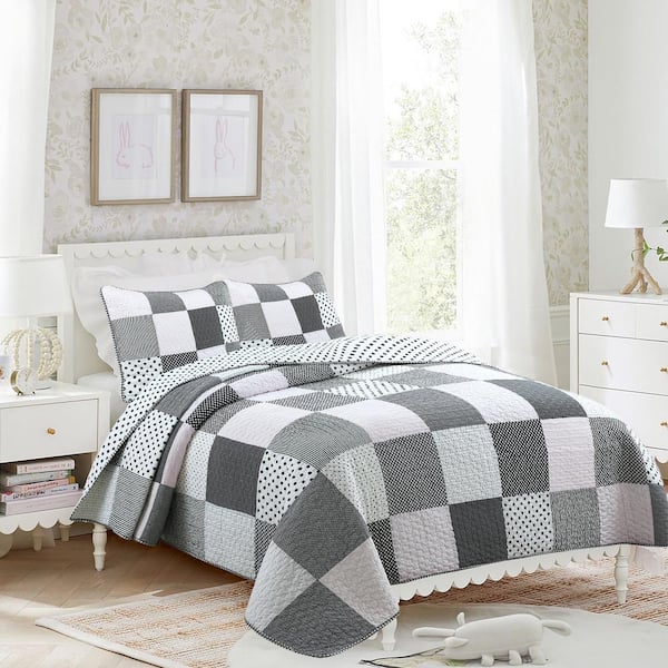 Cozy Line Home Fashions Halftone Black White Subtle Pink Polka Dot Patchwork Twin Cotton Quilt Bedding Set