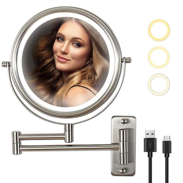 yulika 8 in. W x 8 in. H Round LED Metal Wall Miror 7x Magnification Bathroom Makeup Mirror in Nickel