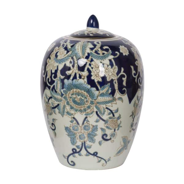 A & B Home Bryn Blue, Gold, White Lidded Jar