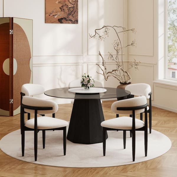 Round 53 in. Black Tempered Glass Tabletop with Rotable Lazy Susan and Pedestal Base Dining Table (Seats 6)