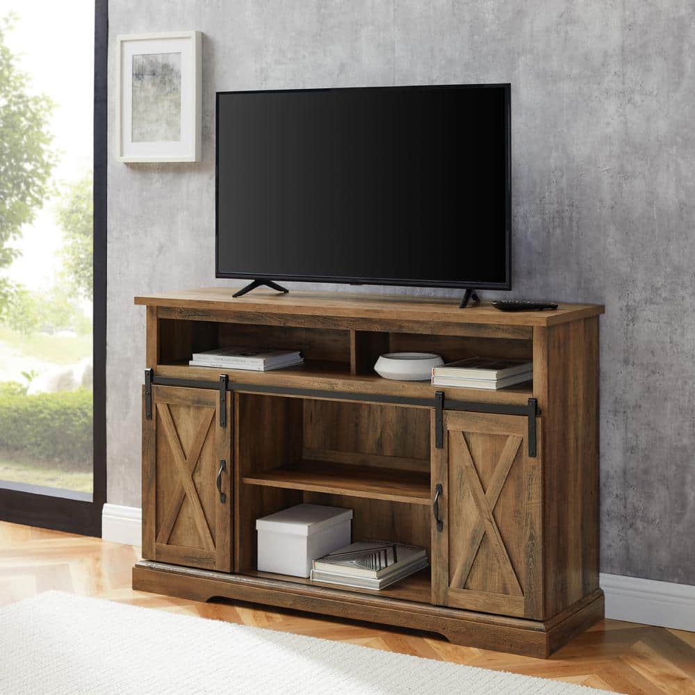 Rustic Oak 52" Modern Farmhouse TV Stand with Sliding Barn Doors