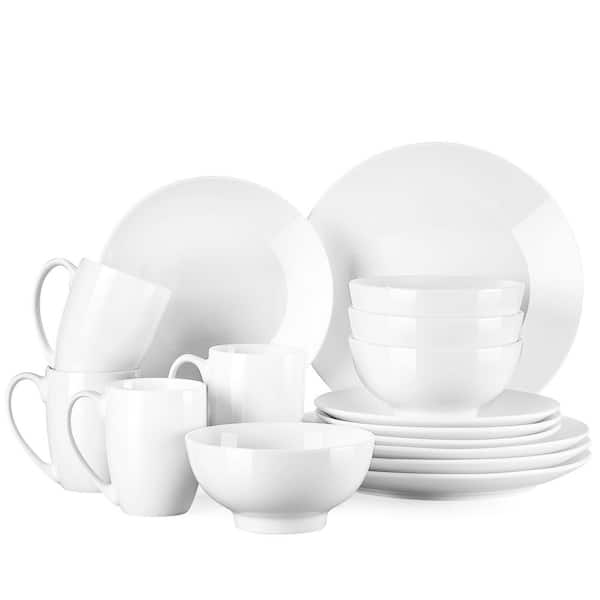 16-Piece White Porcelain Dinnerware Set (Service for 4) Dinner Plates Dessert Plates Cereal Bowls and Mugs