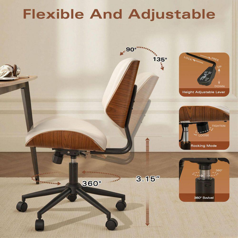 Kam PU Fabric Swivel Ergonomic Armless Office Task Chair in White Recliner Tilting and Lumbar Support - Thumbnail 3