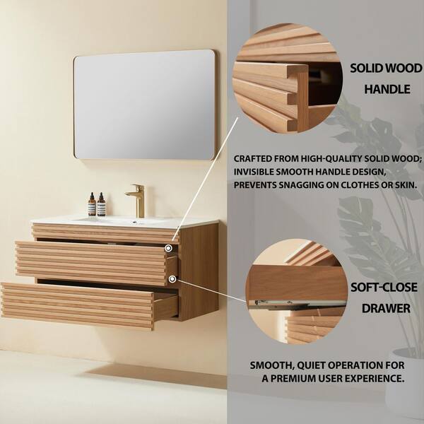 FAMYYT 36 in. W Floating Natural Bath Vanity with White Ceramic