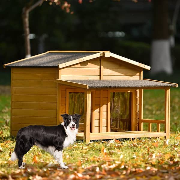 わんちゃんのハウスです Wood 47.2 in Wooden Dog House Outdoor with Porch with Water