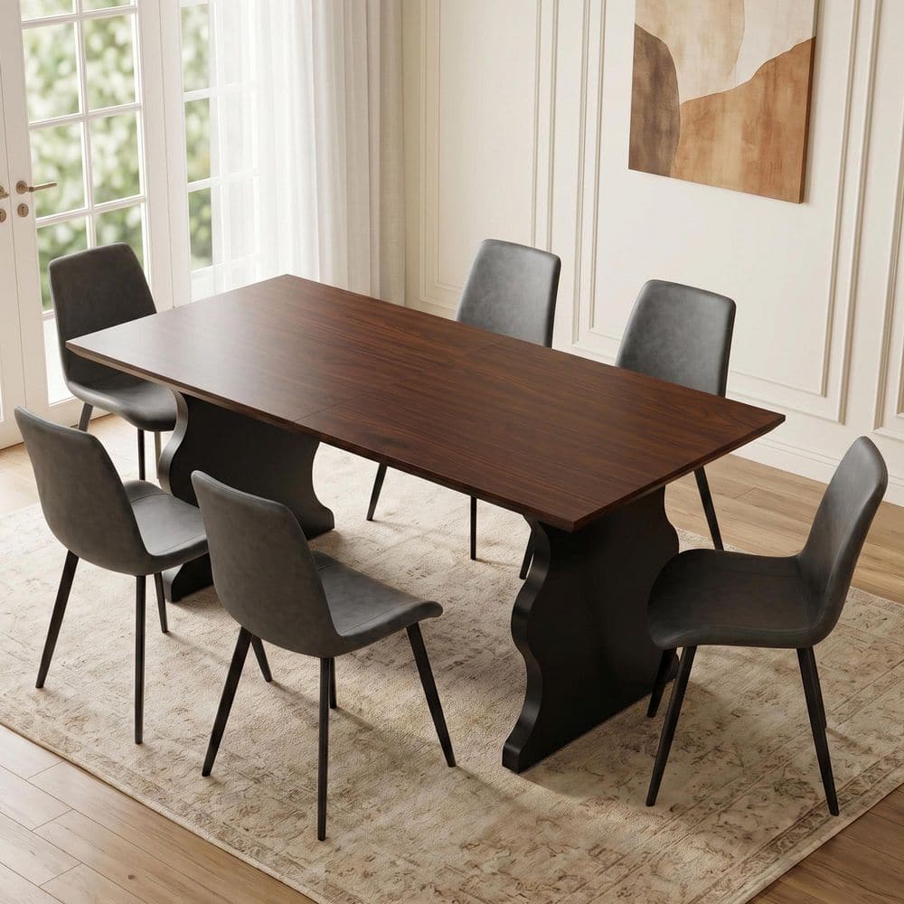 7-Piece Rectangular Walnut MDF Top Dining Table Set Seats 6(Table+6 Grey Chairs）
