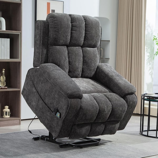 YOFE Upgraded Flagship Oversized Gray Chenille Power Lift Recliner Chair w/Extended Footrest & Pull-Out Side Storage