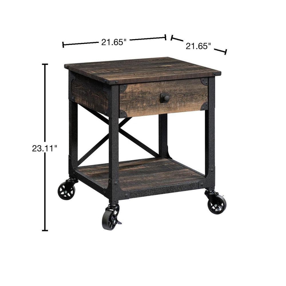 Rustic Carbon Oak Mobile Side Table with Storage Drawer