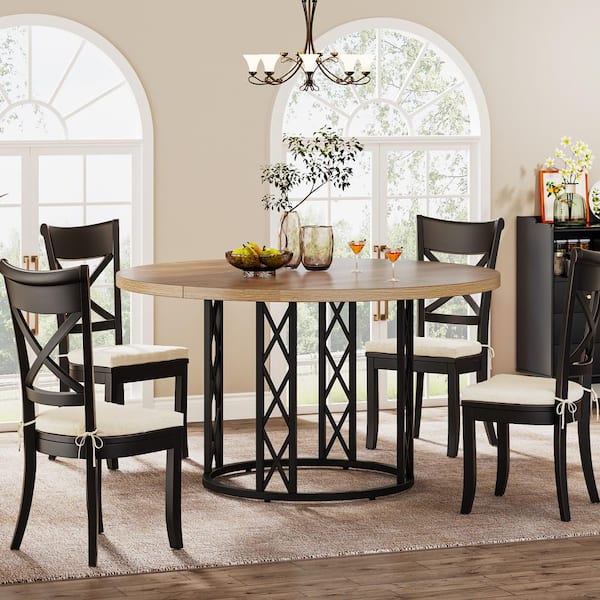 BYBLIGHT Roesler Vintage Brown and Black Engineered Wood 47.2 in. Pedestal Round Dining Table (Seats-4)