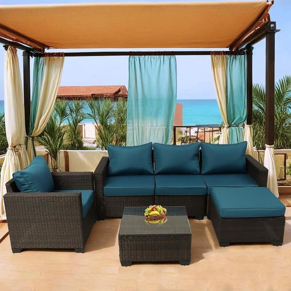 Runesay Brown 6-Piece Wicker Patio Conversation Set with Peacock Blue Cushions