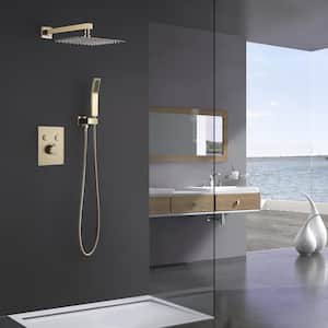 2- Spray Patterns Thermostatic 12 in. Wall Mount Shower System Dual Shower Heads with Handheld Shower in Brushed Gold