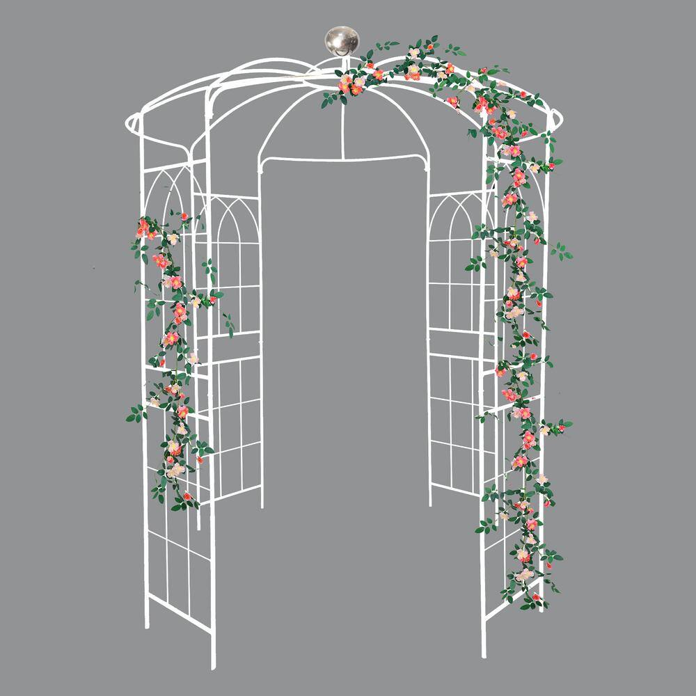 114 in. x 81 in. White Metal Garden Arch Arbor Outdoor Arbors Birdcage ...